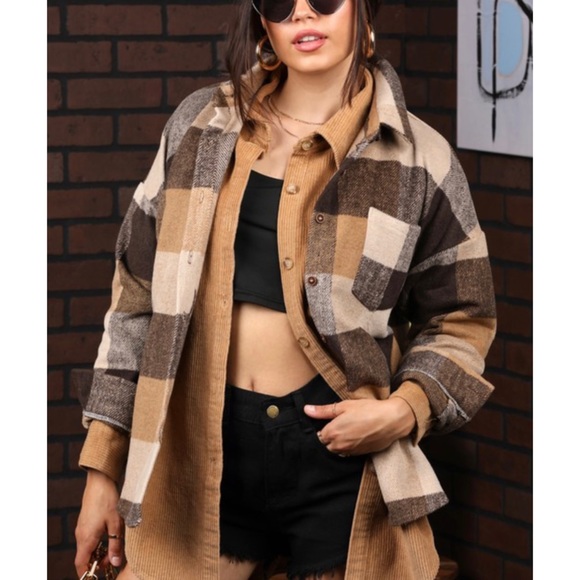 🆕Brown and taupe plaid button down shacket - Picture 3 of 5